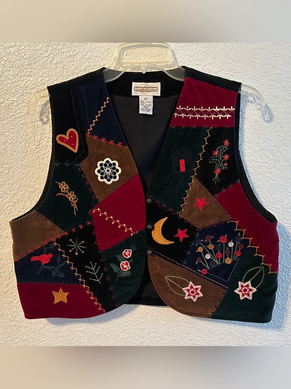 Vintage 90s Cambridge Dry Goods Patchwork Embroidered Vest L Boho Folk
